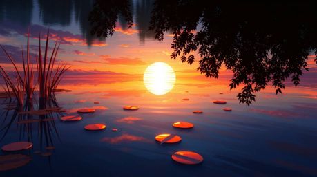 This digital painting captures the serene beauty of a calm pond reflecting a vibrant sunset, bathed in the warm, golden light
