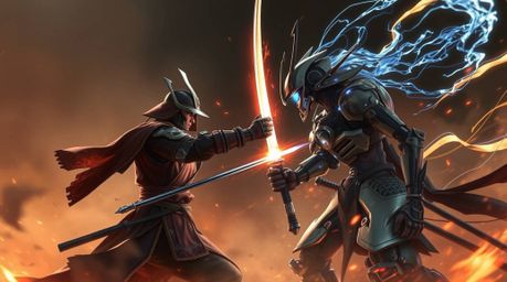 Witness an epic clash between a skilled samurai and a powerful robot in a mystical, dystopian world.  The battle is awash in 
