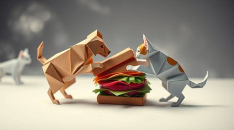 An intricate origami-style depiction of a dog and cat locked in a playful yet fierce battle over a colossal sandwich, rendere
