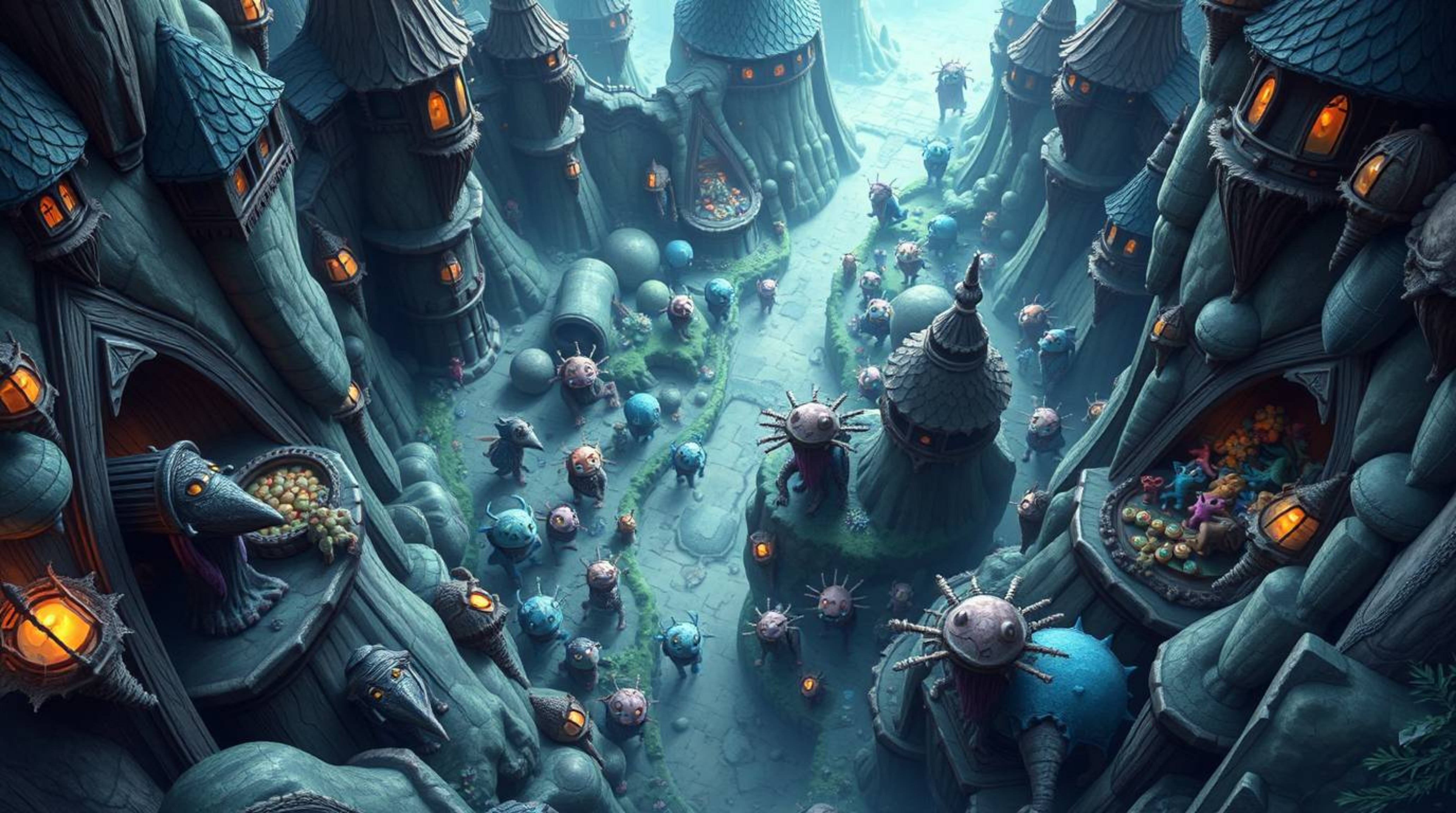 Immerse yourself in a captivating fantasy kingdom teeming with quirky magical creatures, presented from a striking high-angle