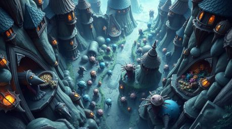 Immerse yourself in a captivating fantasy kingdom teeming with quirky magical creatures, presented from a striking high-angle