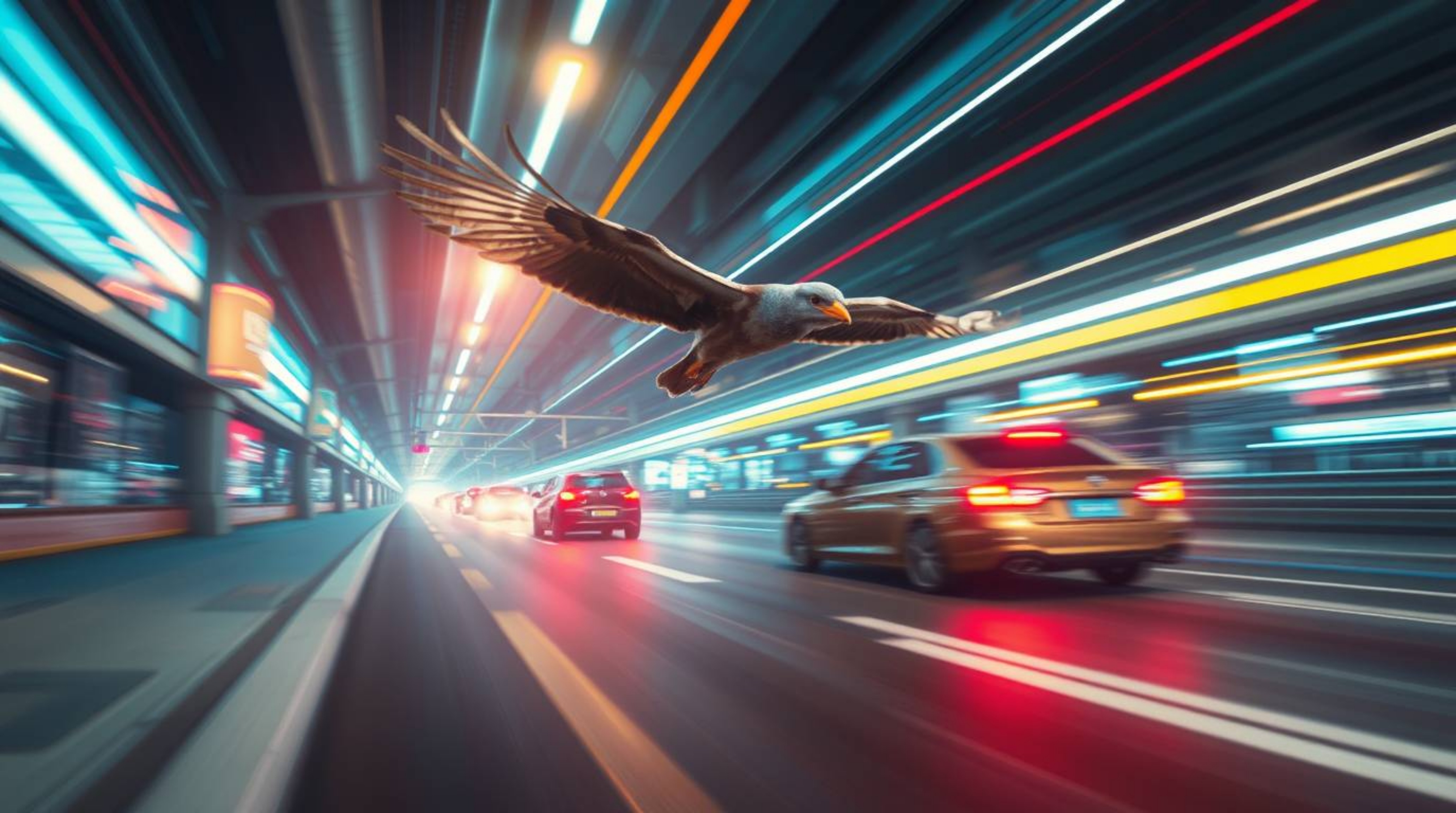 A vibrant scene unfolds with a fast-running bird blurring past futuristic traffic, all bathed in bright lens flare and striki