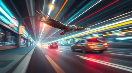A vibrant scene unfolds with a fast-running bird blurring past futuristic traffic, all bathed in bright lens flare and striki