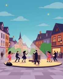 A vibrant musical number unfolds in a bright town square, animated in a modern flat design style. The animation features sim