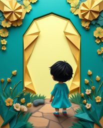 A child with dark hair and bright eyes stumbles upon a vibrant teal magical portal in their backyard, rendered in an intricat