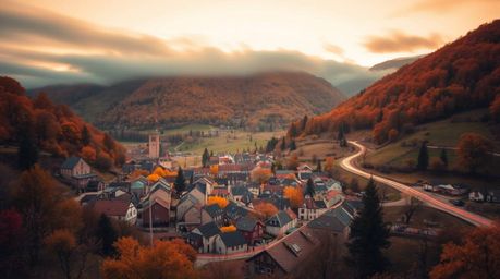 Capture the serene beauty of an autumnal village nestled in a valley with this long exposure photograph. Earthy, cozy colors 