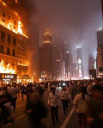 A dramatic long exposure photograph captures a city engulfed in flames, with people desperately running in all directions. Th