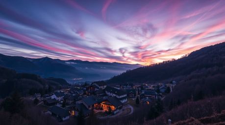 Experience the breathtaking beauty of a cozy village nestled in a valley, captured in extreme macro detail.  The vibrant purp