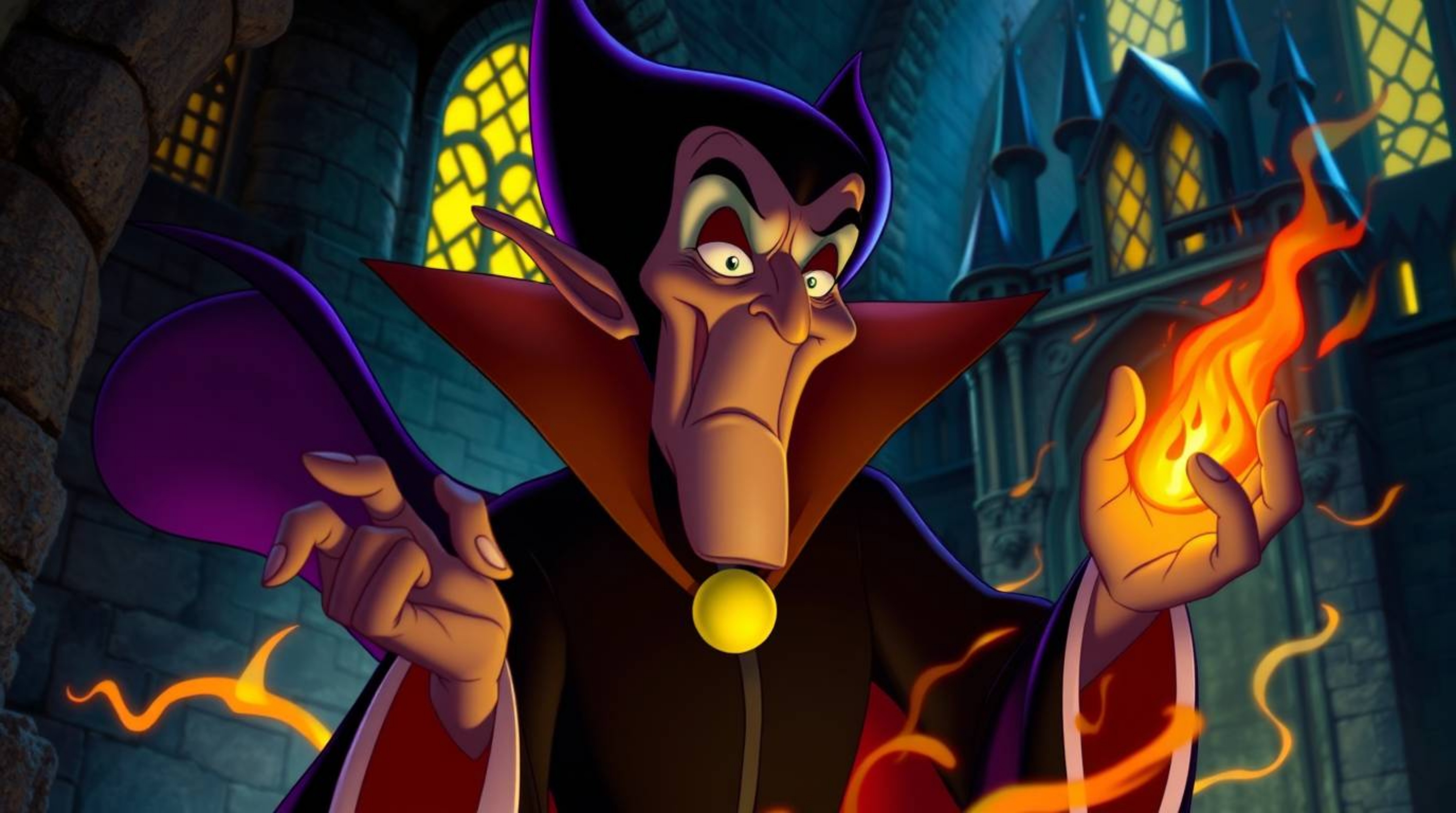 A classic Disney villain, with exaggerated features and dark skin, casts a spell within the walls of an ancient castle. The
