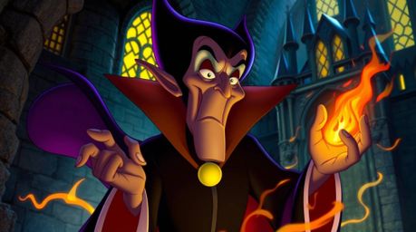 A classic Disney villain, with exaggerated features and dark skin, casts a spell within the walls of an ancient castle. The