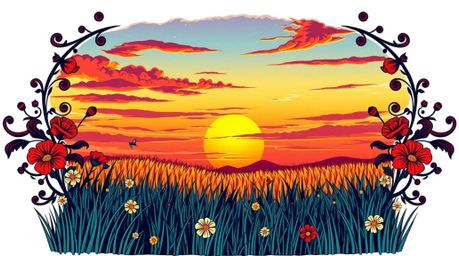 This vibrant print showcases retro-style traditional tattoo art.  A serene sunset over a quiet meadow is depicted, complete w