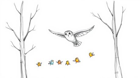 A heartwarming hand-drawn sketch in the style of Pixar depicts a blind owl gracefully gliding between trees, passionately tea