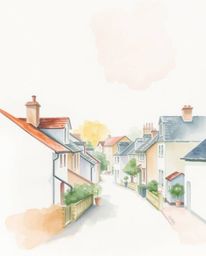 A delicate watercolor painting depicts a sleepy town with pastel-colored houses, translucent washes, and fluid brushstrokes.