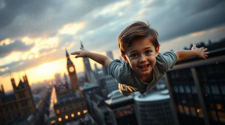 A captivating image of a cherubic young boy soaring through the air above a dramatic London cityscape, sprinkled with vibrant