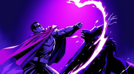 This image depicts a dynamic battle between a powerful superhero, complete with a flowing cape, and a comical villain.  Rende