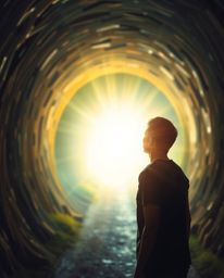 A captivating image portrays a person with radiant skin standing at a tunnel's entrance, mesmerized by a glowing light source