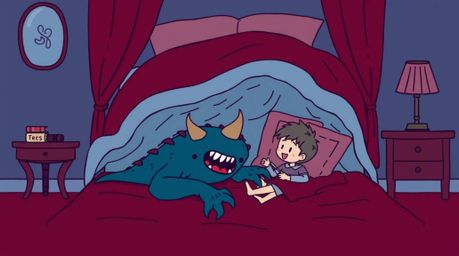 A captivating illustration showcases an unlikely friendship between a child and a sophisticated monster residing under their 
