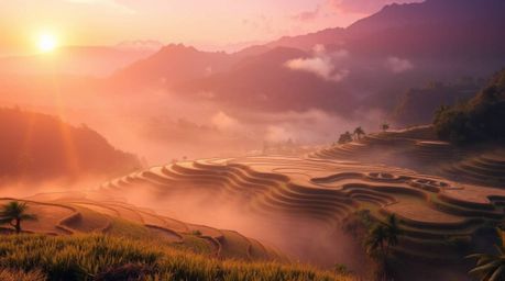 Capture the ethereal beauty of a sunset over mountain rice terraces, where a spiritual vibe permeates the landscape. A light 