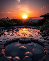 Witness a serene Zen garden at sunset, transformed by the beauty of iridescent reflections. This captivating scene is alive w