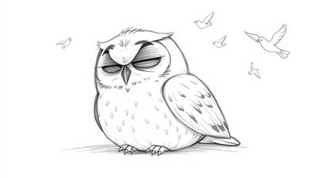 A heartwarming, hand-drawn sketch in the style of Pixar depicts a blind owl with soft, textured pencil strokes, peacefully re
