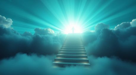 Experience a dreamlike and peaceful scene featuring volumetric lighting and a rich, deep teal color palette. Steps of light a