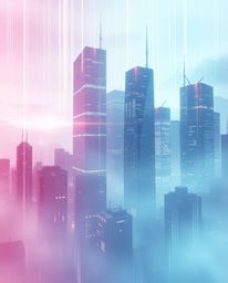 Experience a captivating blend of ethereal and spiritual vibes in this glitchy digital landscape.  Distorted skyscrapers pier