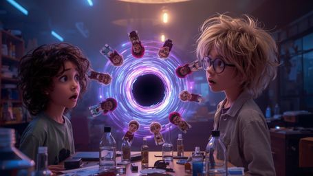 In a cinematic and stylized photograph reminiscent of Pixar animation, a duo of young inventors, a curious young woman and a 