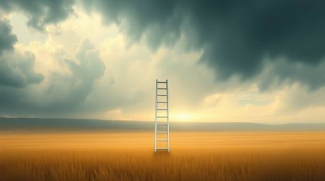 A dreamlike and surreal minimalist painting featuring a silver ladder standing in an open field under a dramatic stormy sky. 