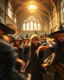 Discover a captivating image of a magical school brimming with young wizards.  The dynamic composition, bathed in a warm gold