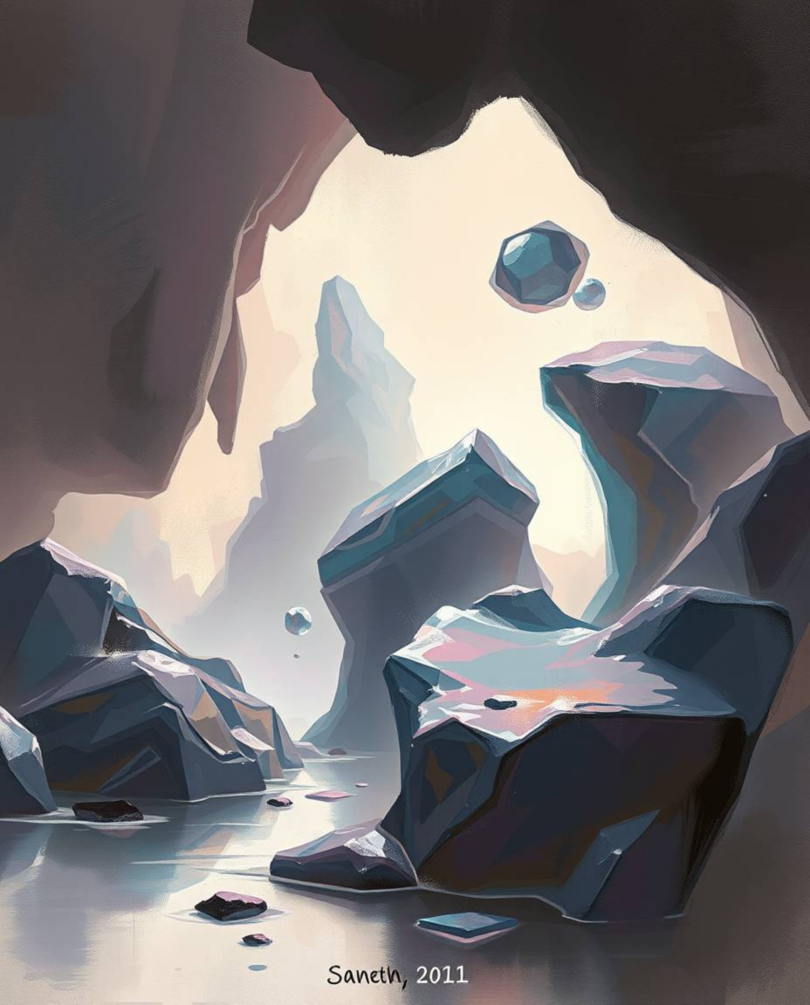 A digital sketch showcasing surreal 3D fluid shapes reminiscent of melted glass within a captivating sci-fi environment. The 