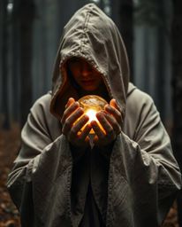 A cloaked figure stands shrouded in mystery within a misty forest, their hands gently cradling a glowing orb. This tight, clo