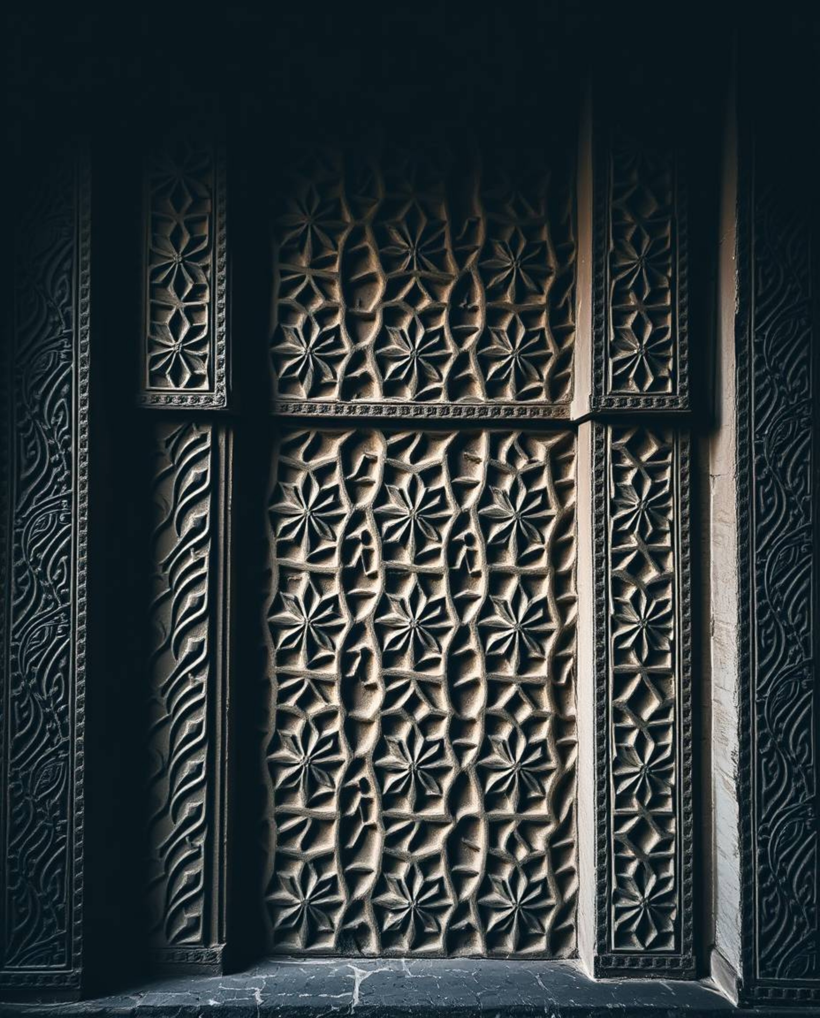 Explore the captivating beauty of moody style and low contrast combined with intricate Islamic geometric patterns carved in s