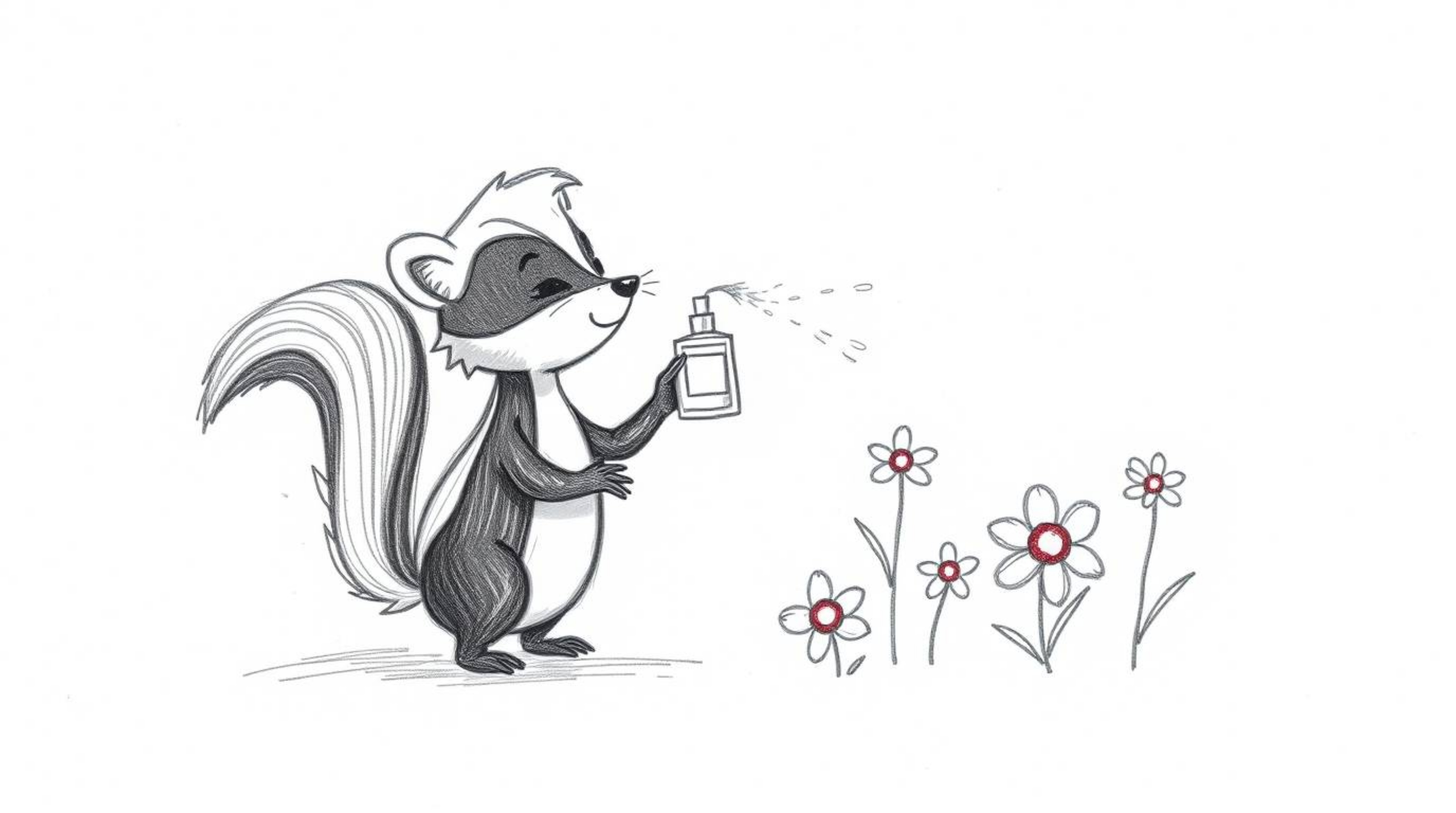 A hand-drawn sketch of a cartoon skunk spraying perfume on flowers, rendered with rough pencil strokes and textured paper aga