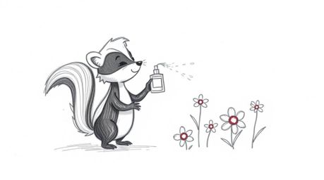 A hand-drawn sketch of a cartoon skunk spraying perfume on flowers, rendered with rough pencil strokes and textured paper aga