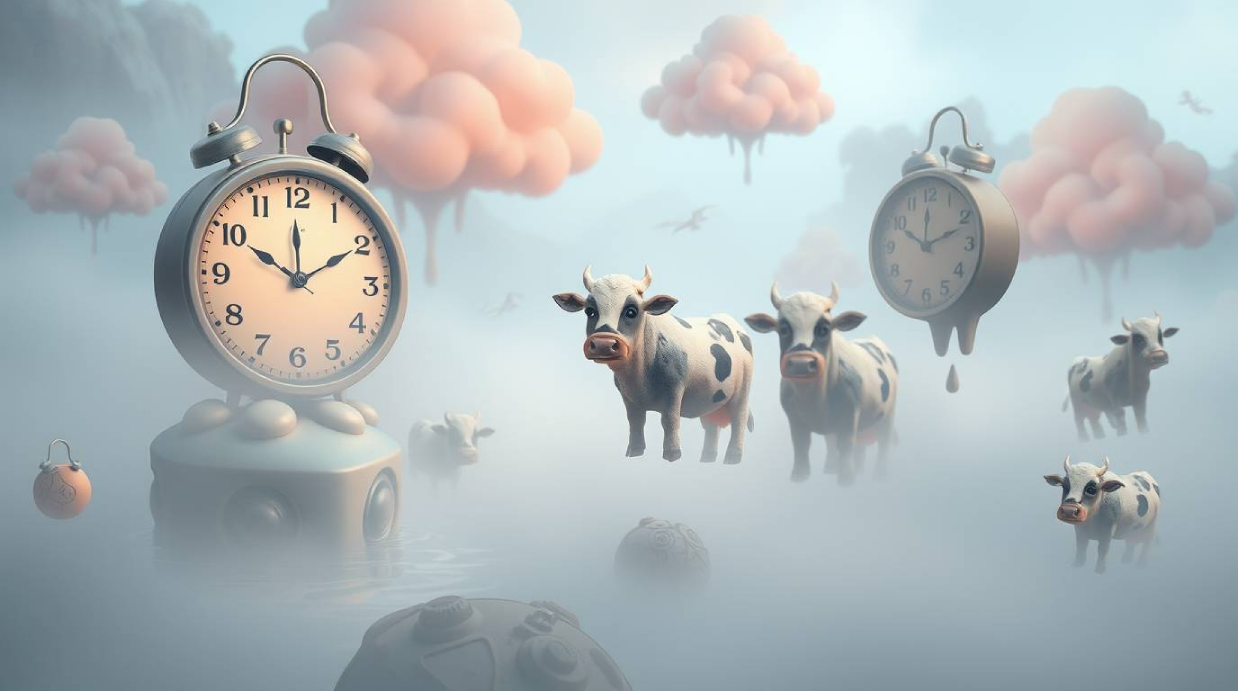 Explore an enchanting and surreal dreamscape filled with adorable and cute elements. Melting clocks and floating cows drift a