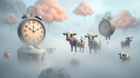 Explore an enchanting and surreal dreamscape filled with adorable and cute elements. Melting clocks and floating cows drift a