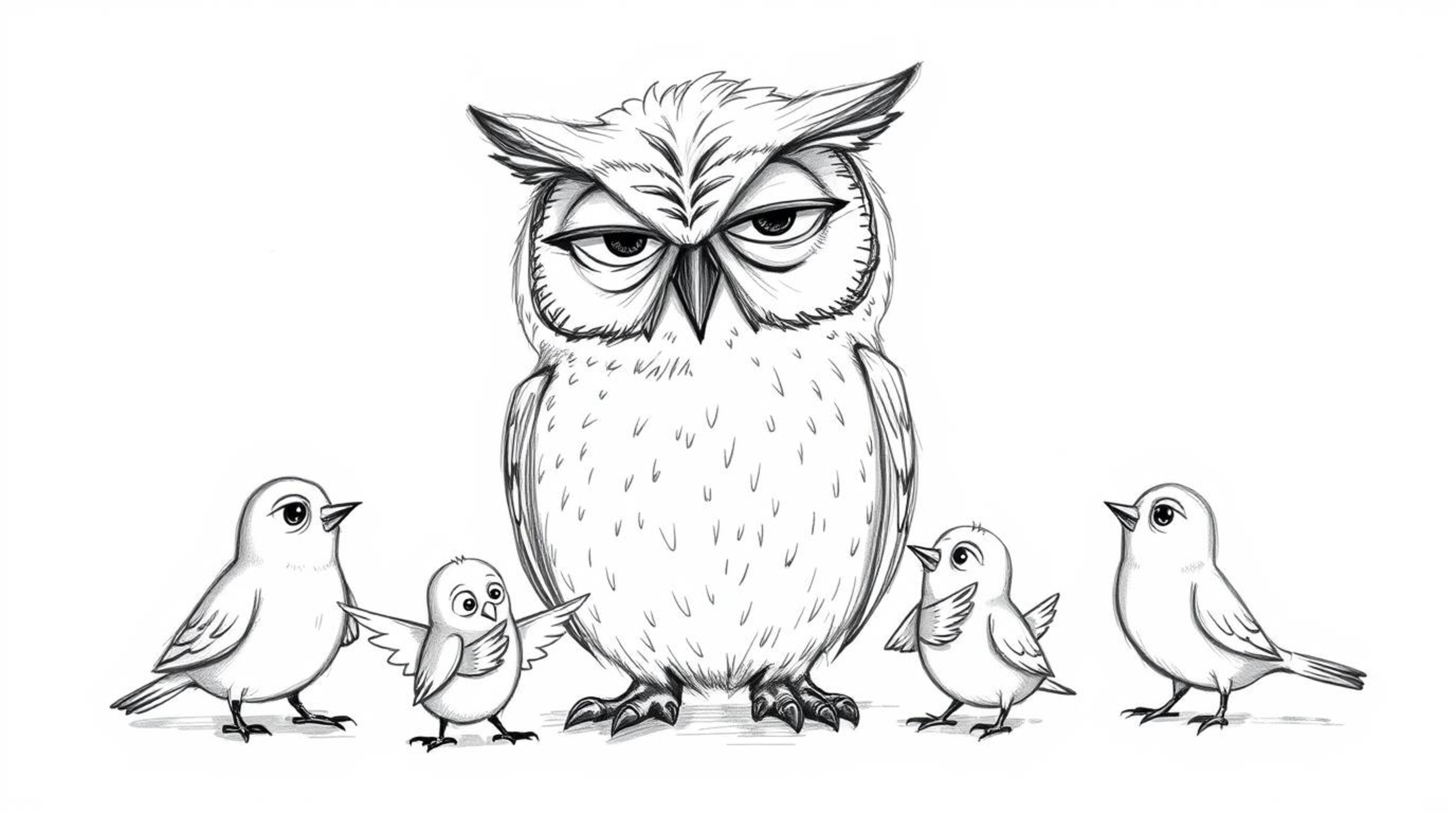 A heartwarming Pixar-style sketch depicts a wise, blind owl with soft downy feathers guiding small birds in the art of flight