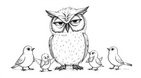 A heartwarming Pixar-style sketch depicts a wise, blind owl with soft downy feathers guiding small birds in the art of flight