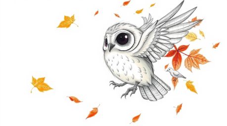 A captivating hand-drawn sketch, inspired by Pixar animation, depicts a gentle blind owl with delicate features and soft plum