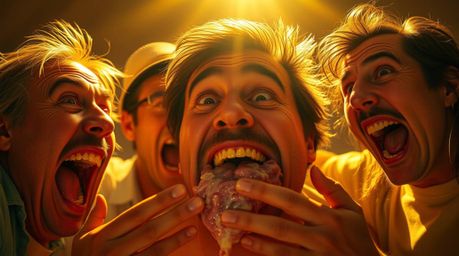 A hilarious gross-out comedy scene is depicted with exaggerated facial expressions, bathed in a warm, luxurious golden glow. 