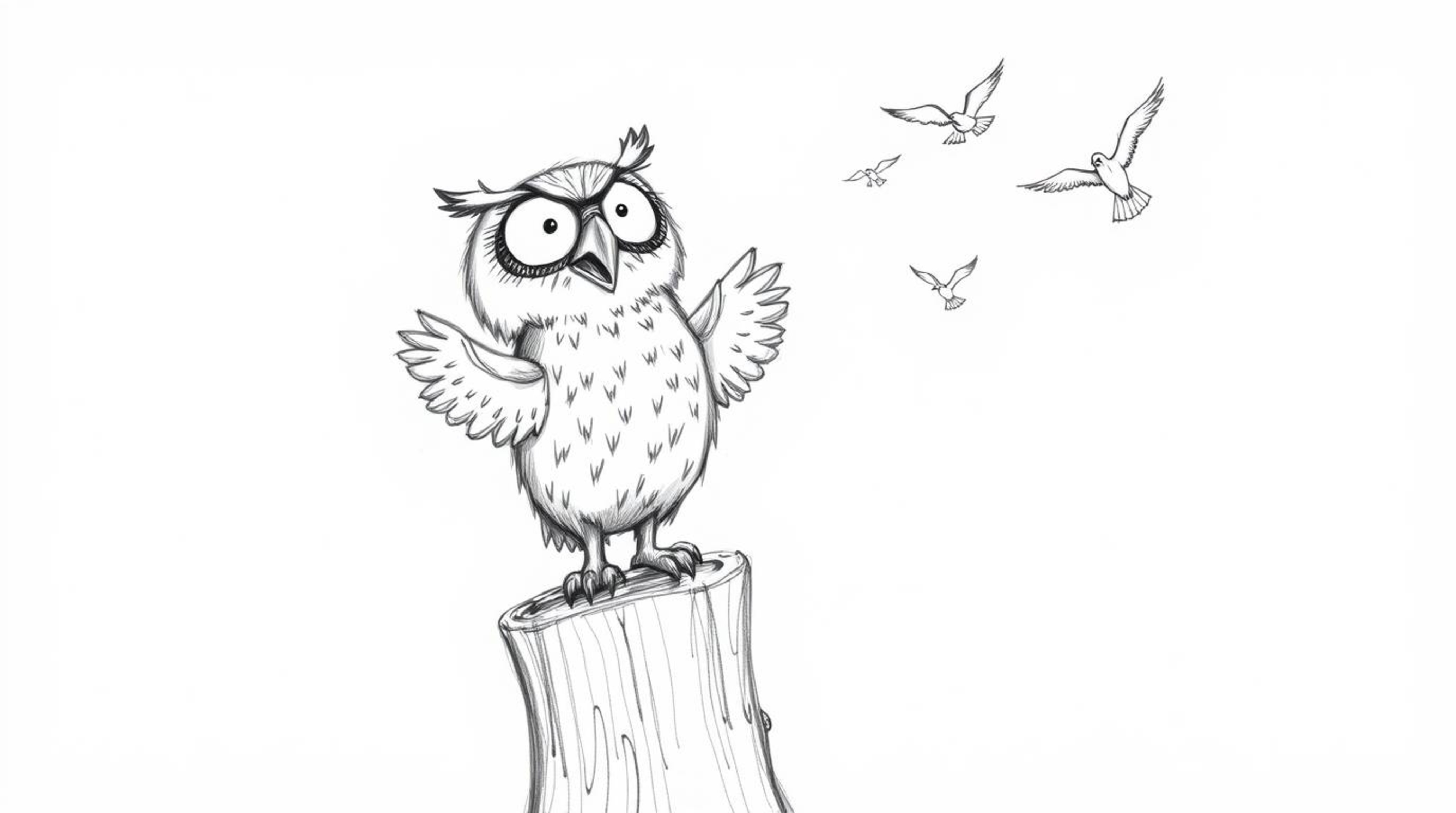 A heartwarming hand-drawn sketch in the style of Pixar depicts a blind owl with deeply expressive eyes, perched on a rustic t