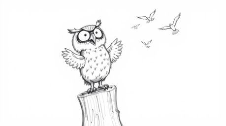 A heartwarming hand-drawn sketch in the style of Pixar depicts a blind owl with deeply expressive eyes, perched on a rustic t