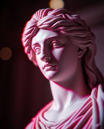 A captivating photograph showcases a classical sculpture infused with a vibrant glitch effect. Intense dramatic lighting, blu