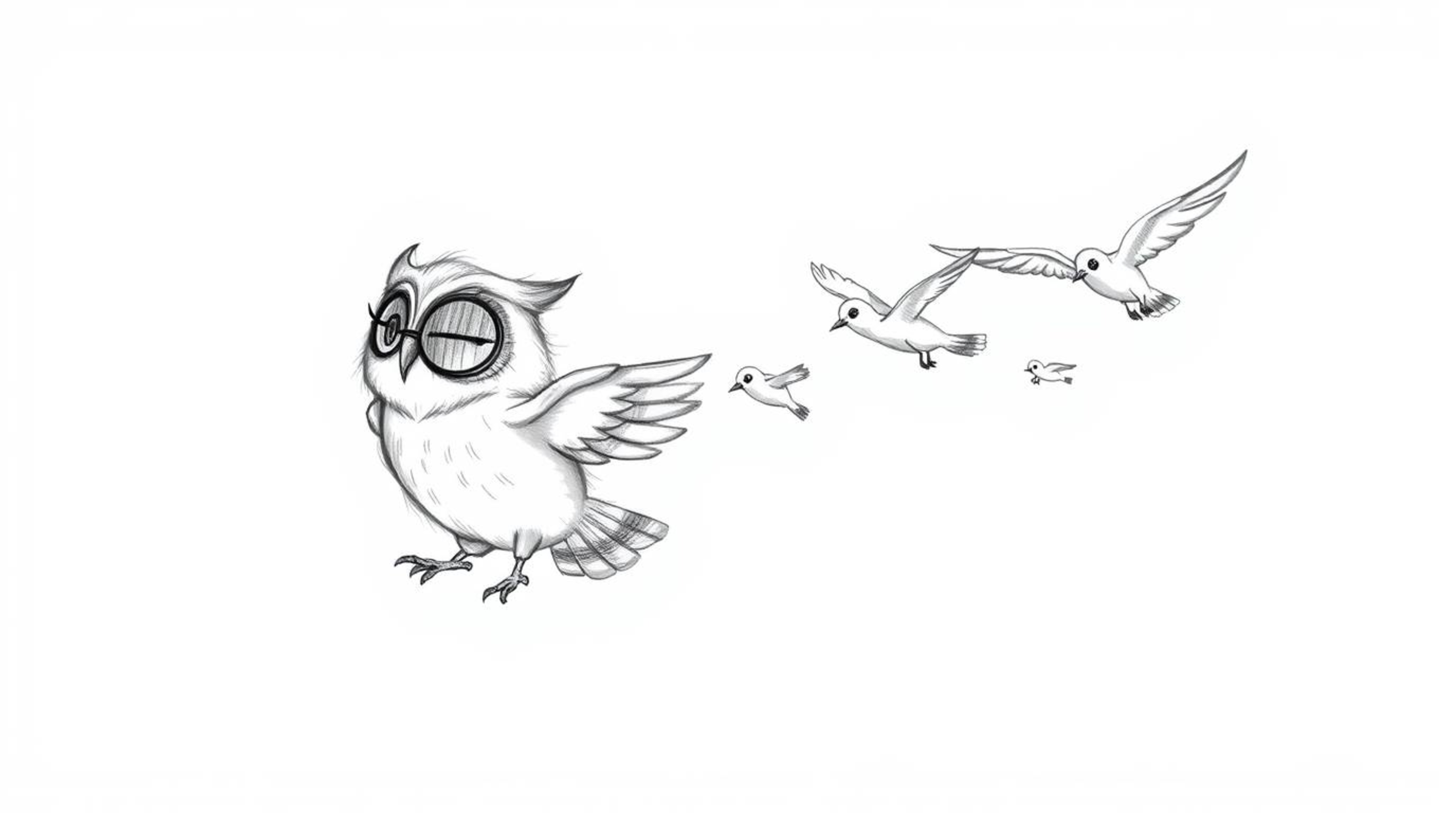 A whimsical hand-drawn sketch in the style of Pixar depicts a blind owl with soft, tousled feathers leading a flock of birds 
