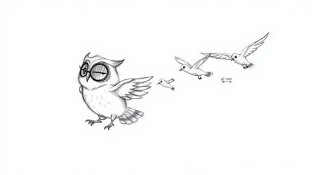 A whimsical hand-drawn sketch in the style of Pixar depicts a blind owl with soft, tousled feathers leading a flock of birds 