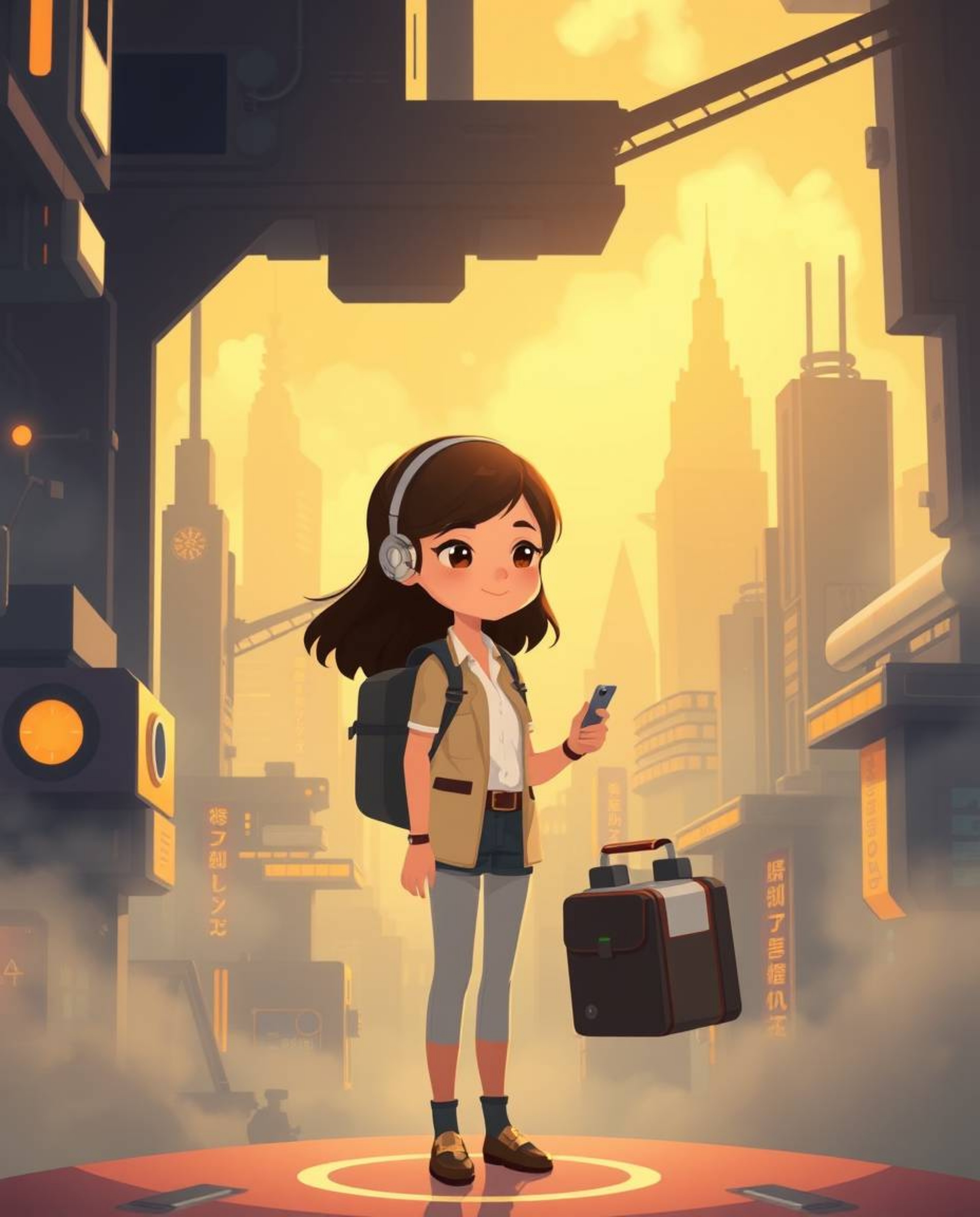This modern flat design illustration features a young inventor girl in a futuristic city, rendered in a Pixar-like style with