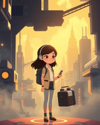 This modern flat design illustration features a young inventor girl in a futuristic city, rendered in a Pixar-like style with