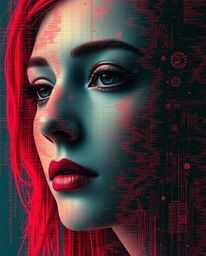 A captivating digital artwork portrays a human face morphing into a data stream, rendered in the style of a classic oil paint