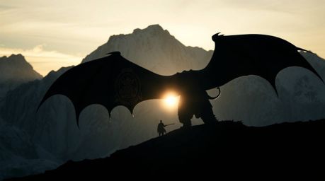 A captivating image of a silhouetted dragon and its rider soaring against a backdrop of majestic icy mountains.  The cinemati