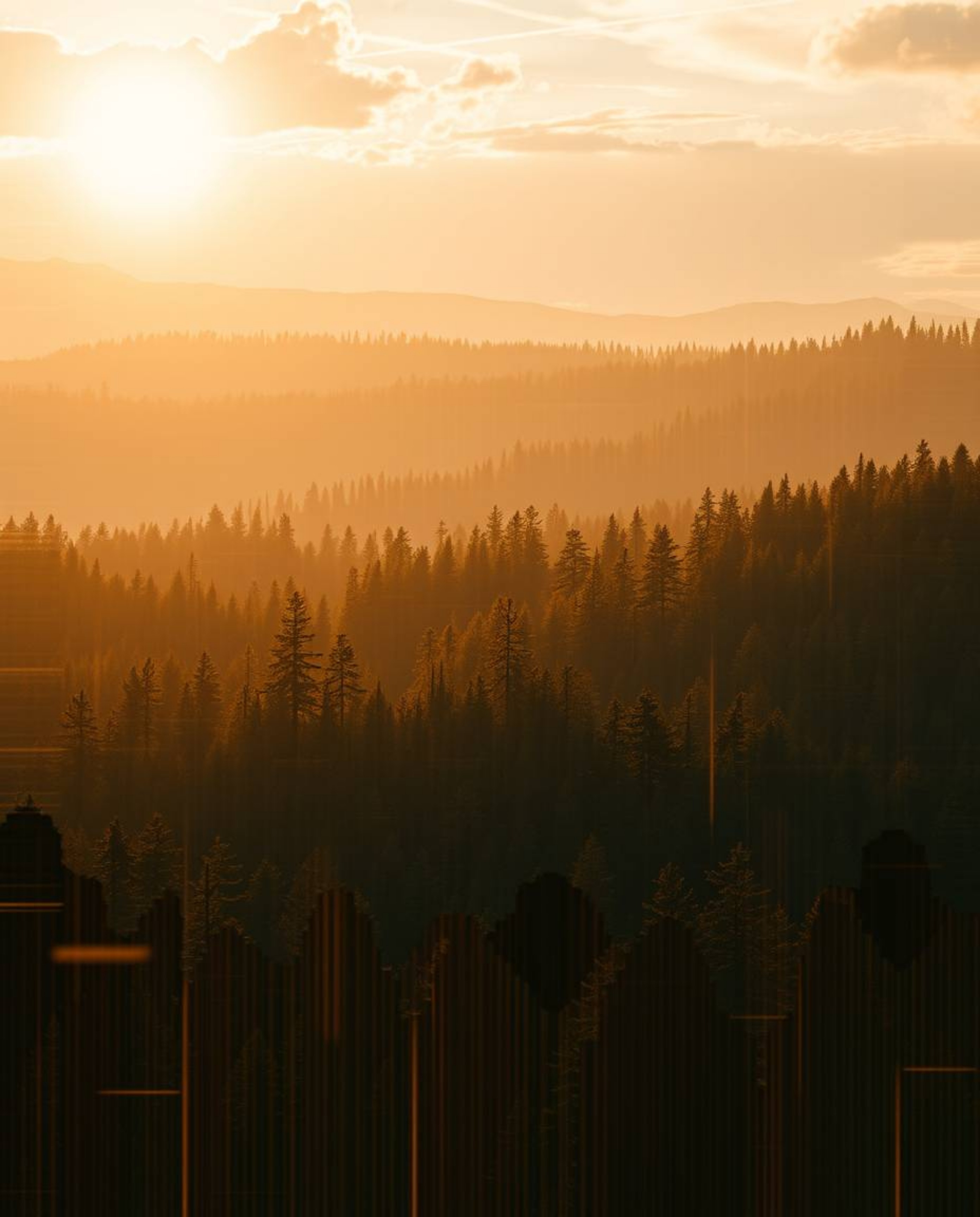 A breathtaking image showcases a grand, epic scene of a digital glitch effect overlaying a lush forest bathed in the soft lig